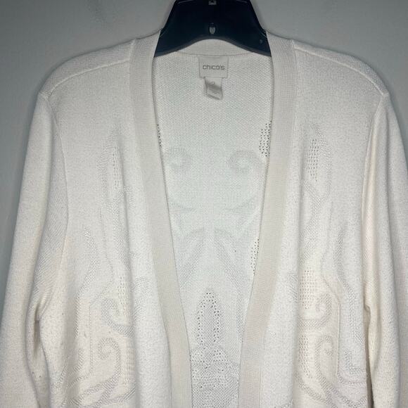 Chico's Long Line Cardigan Sweater Ivory Open Front Jacquard Knit Size 2 / Large - Picture 2 of 11